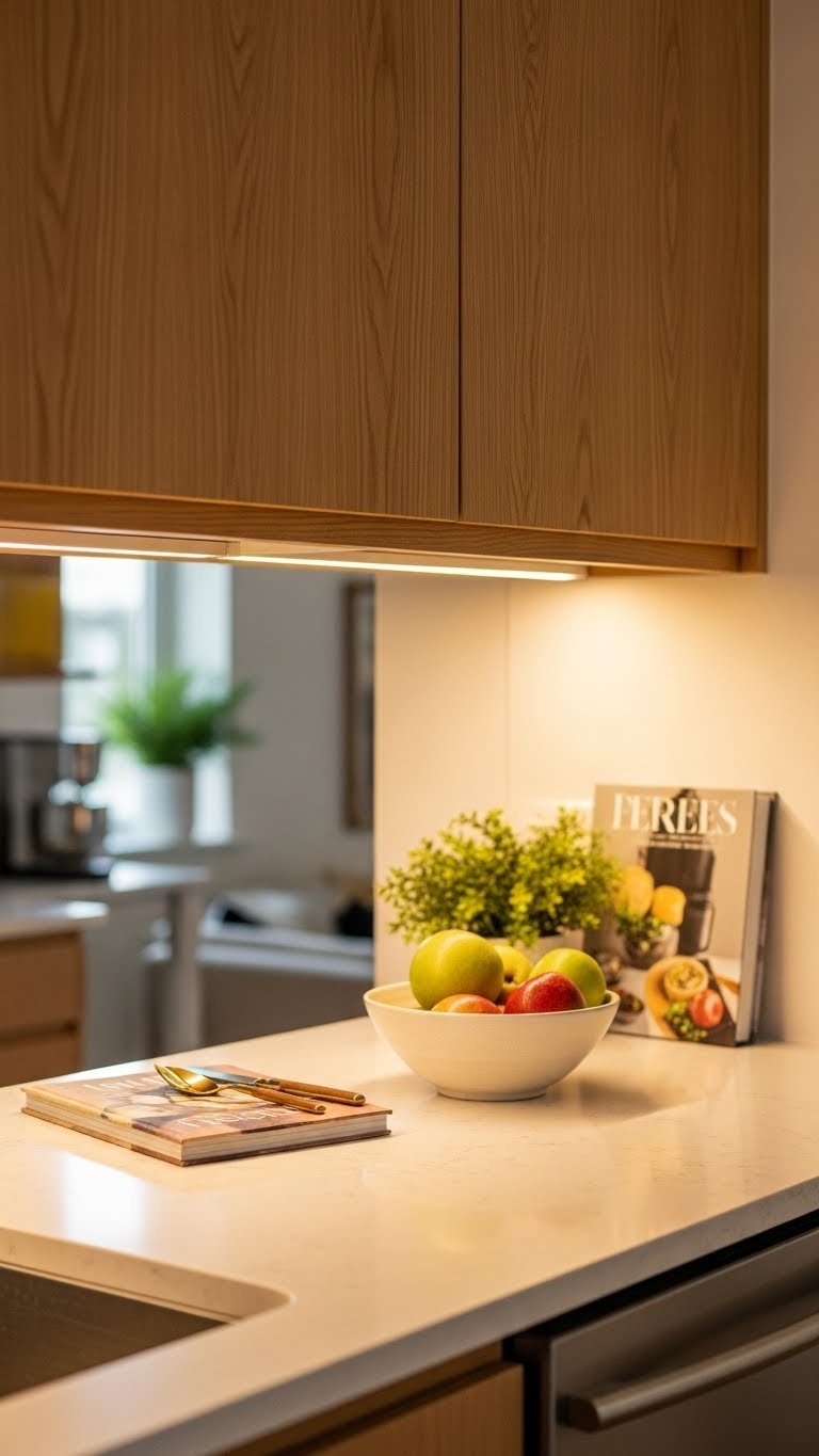 Wood Cabinets: 9 Apartment Kitchen Ideas To Maximize Space 5 Clean light quartz kitchen countertop bathed in warm LED lighting from natural oak cabinets, featuring a bowl of fresh fruit.