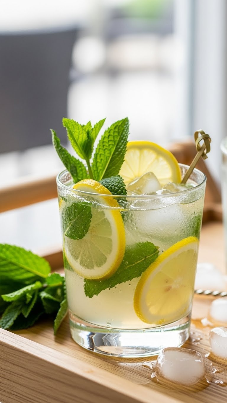 Clear cocktail glass filled with spiked mint lemonade cooler featuring fresh mint leaves and lemon slices with condensation.