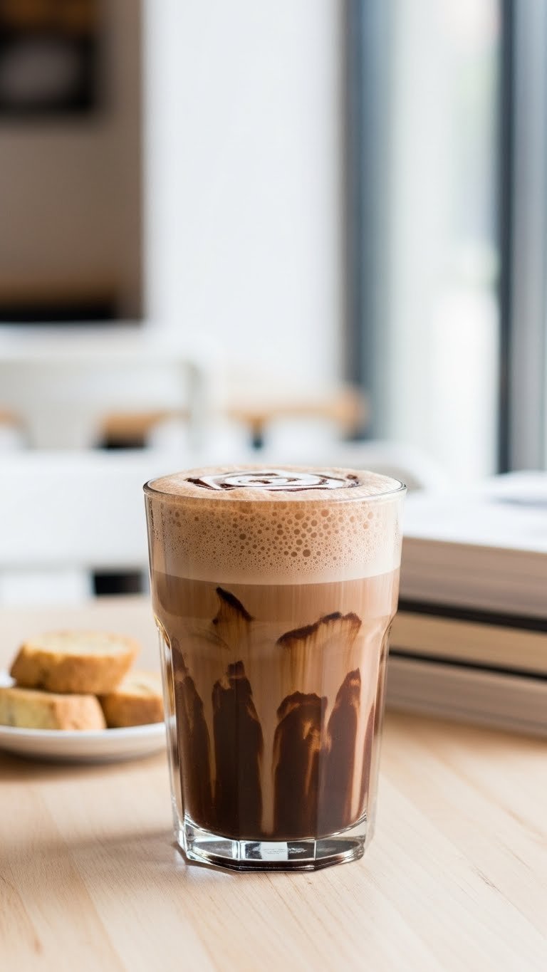 Clear glass of Nutella cold brew with mocha swirls and cold foam on light wooden table in coffee shop