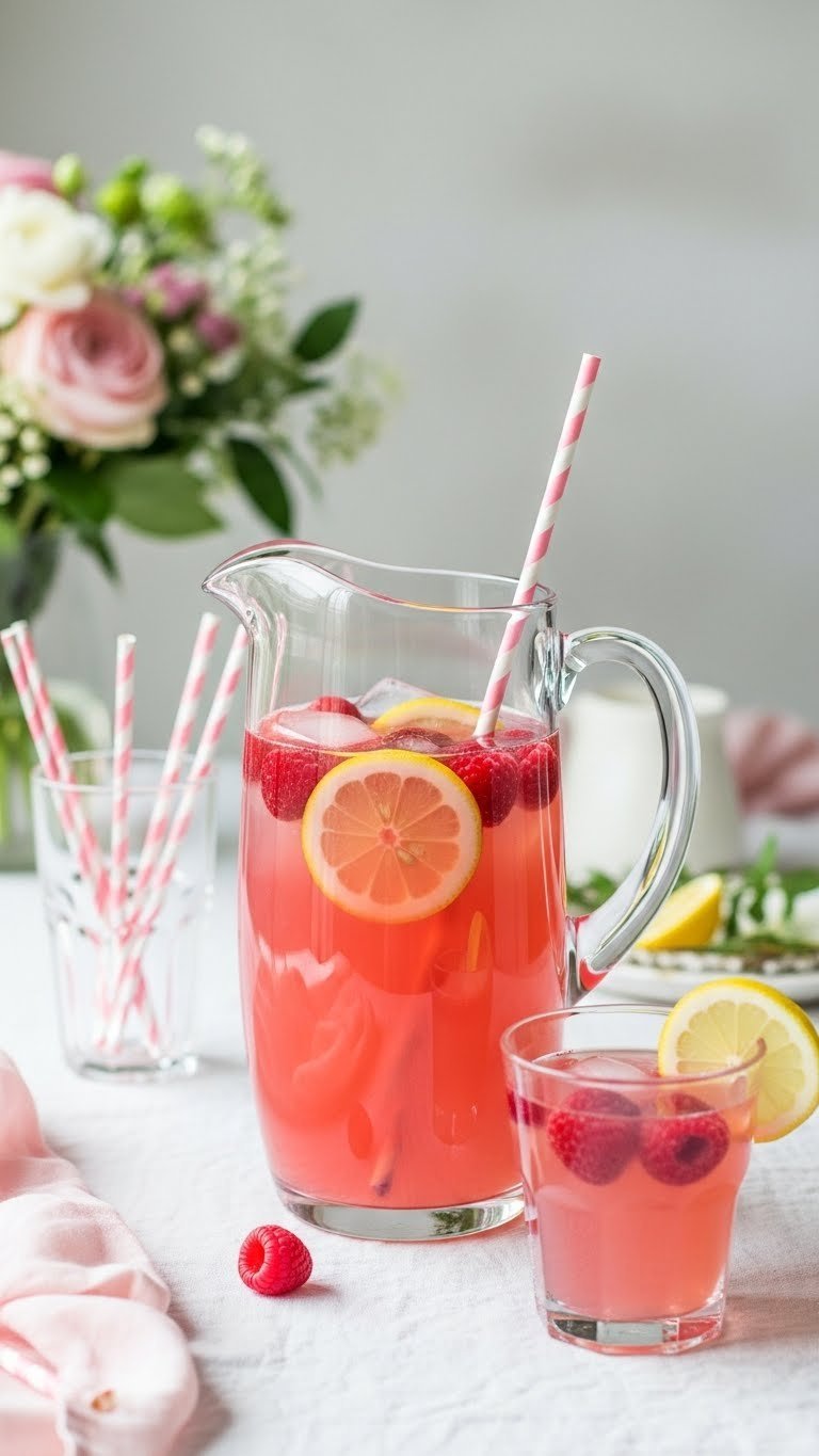 Clear glass pitcher filled with delicate pink sparkling punch garnished with raspberries and lemon slices