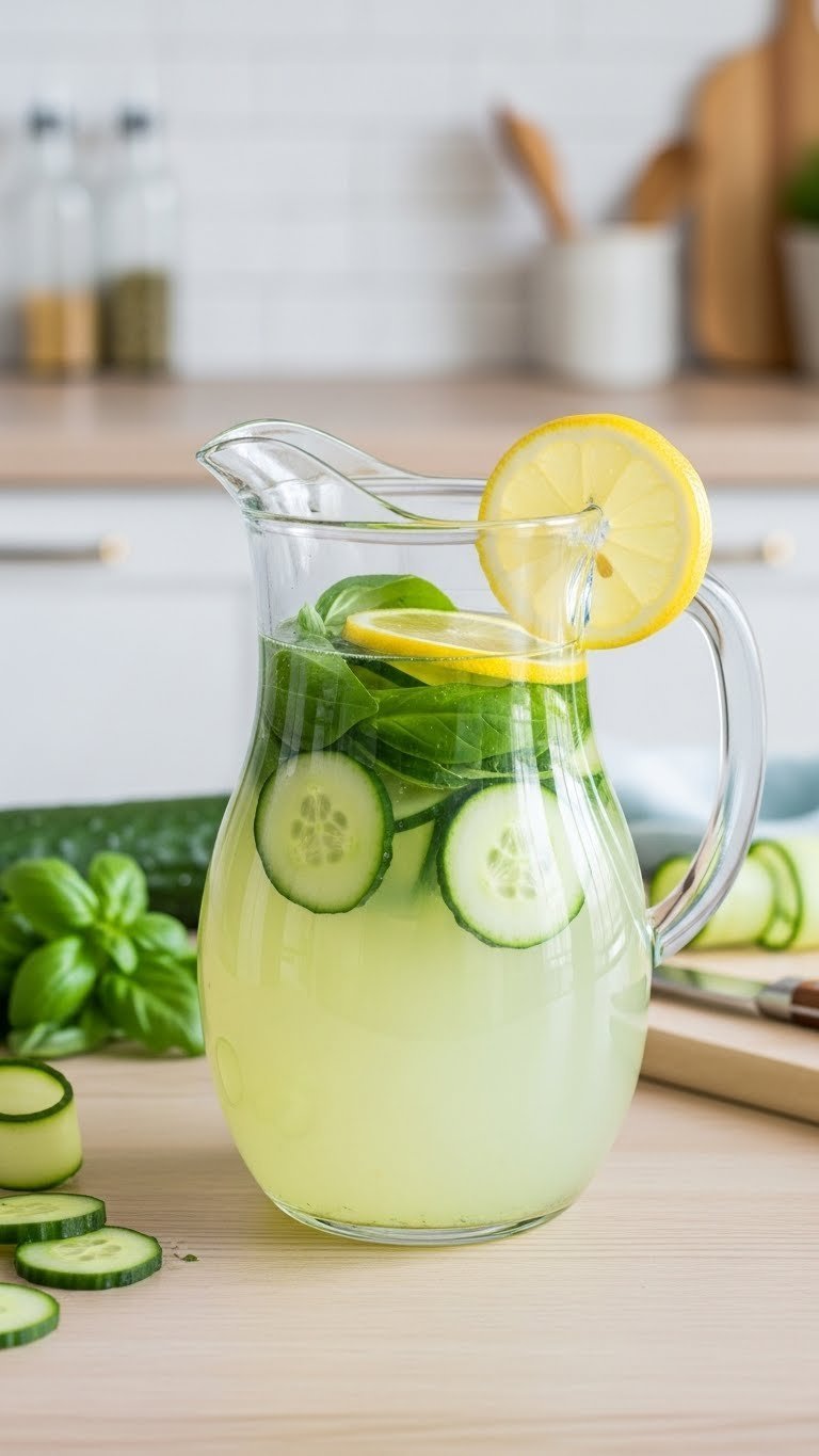 Clear glass pitcher of pale green cucumber basil detox lemonade with cucumber slices and basil leaves submerged.