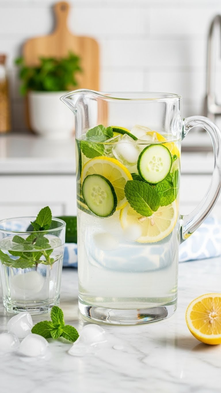 Clear glass pitcher with cucumber, lemon slices and mint leaves infused in sparkling water on marble countertop