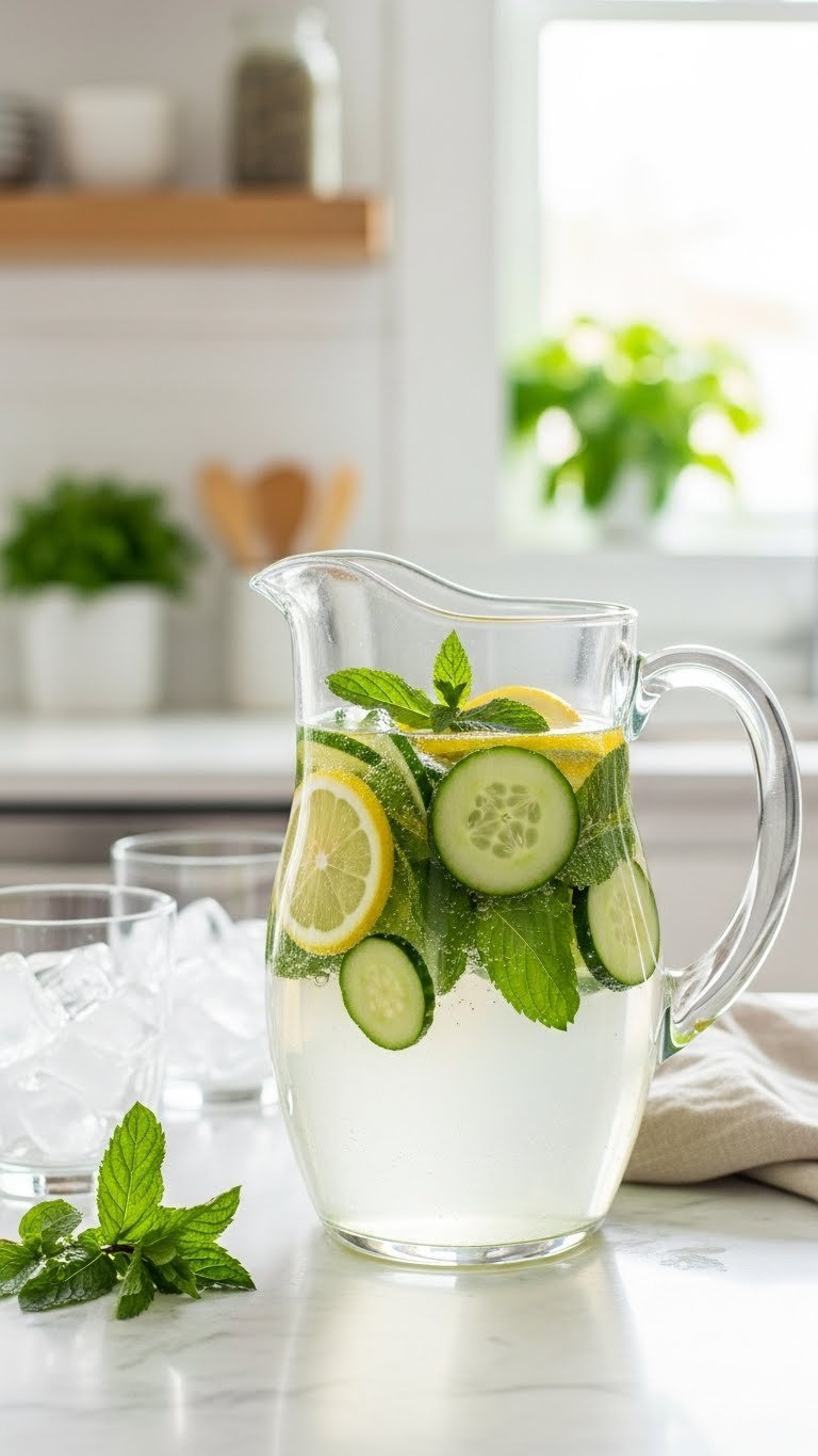 Clear glass pitcher with lemon cucumber mint infused sparkling water on white marble countertop in bright kitchen setting