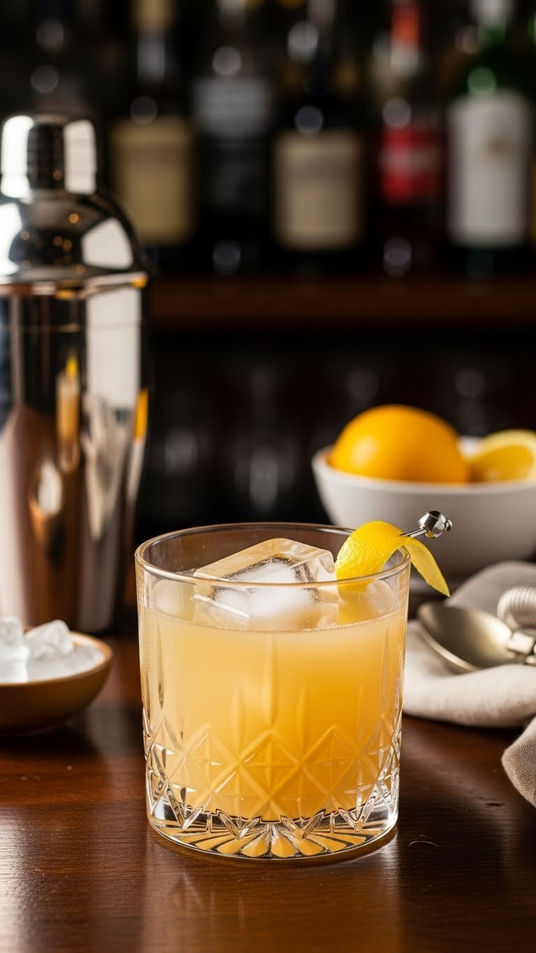 Clear pale amber milk punch in cut crystal glass with large ice cube and lemon twist