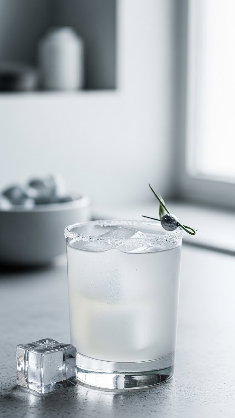 Clear silver-grey Ultra Instinct Elixir cocktail with ethereal shimmer in minimalist glass on light gray stone surface