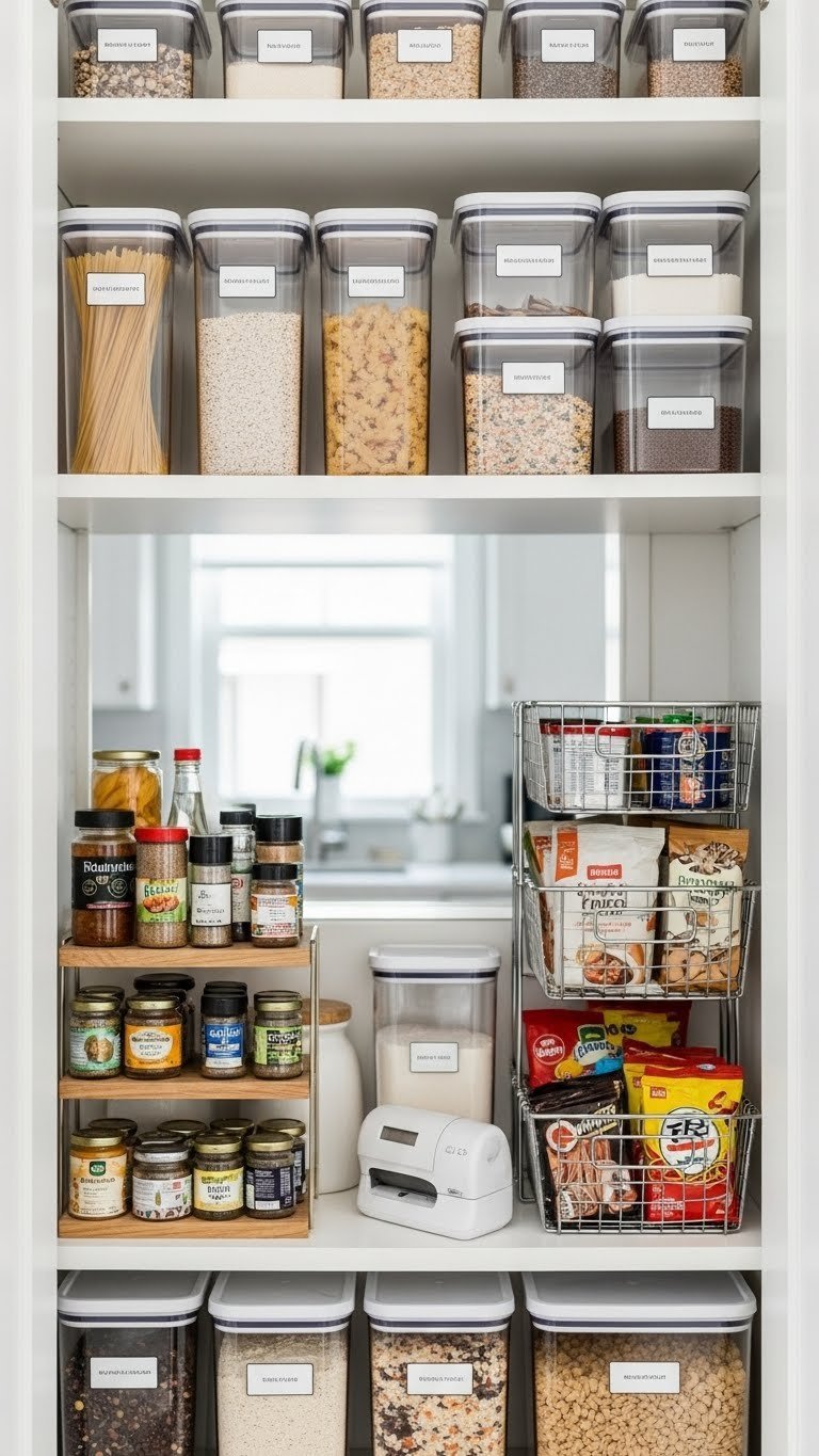 Clear stackable containers and tiered spice racks organizing compact apartment kitchen pantry efficiently