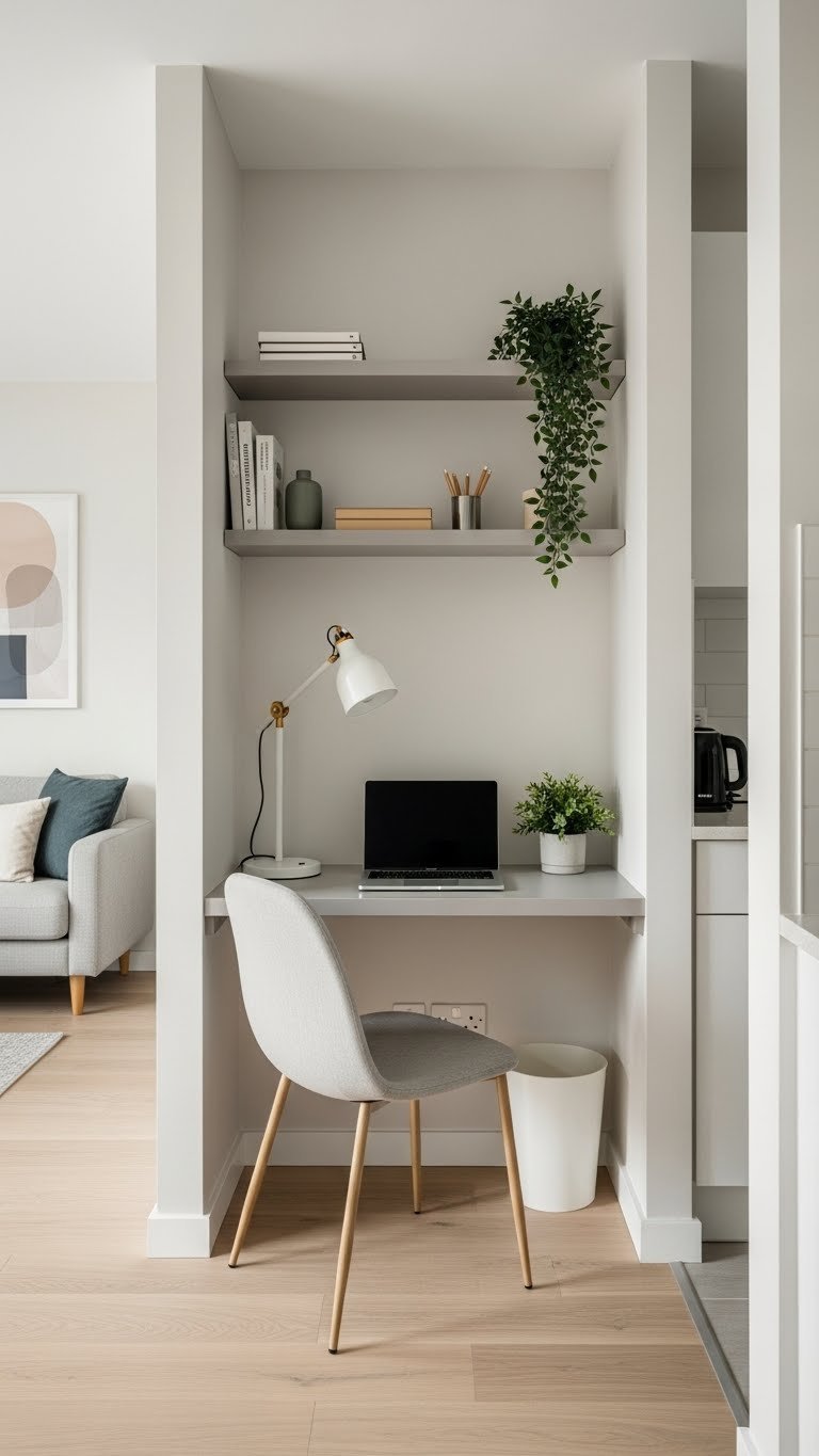 Cleverly integrated home office zone with wall-mounted desk blending seamlessly into open-concept apartment living area.