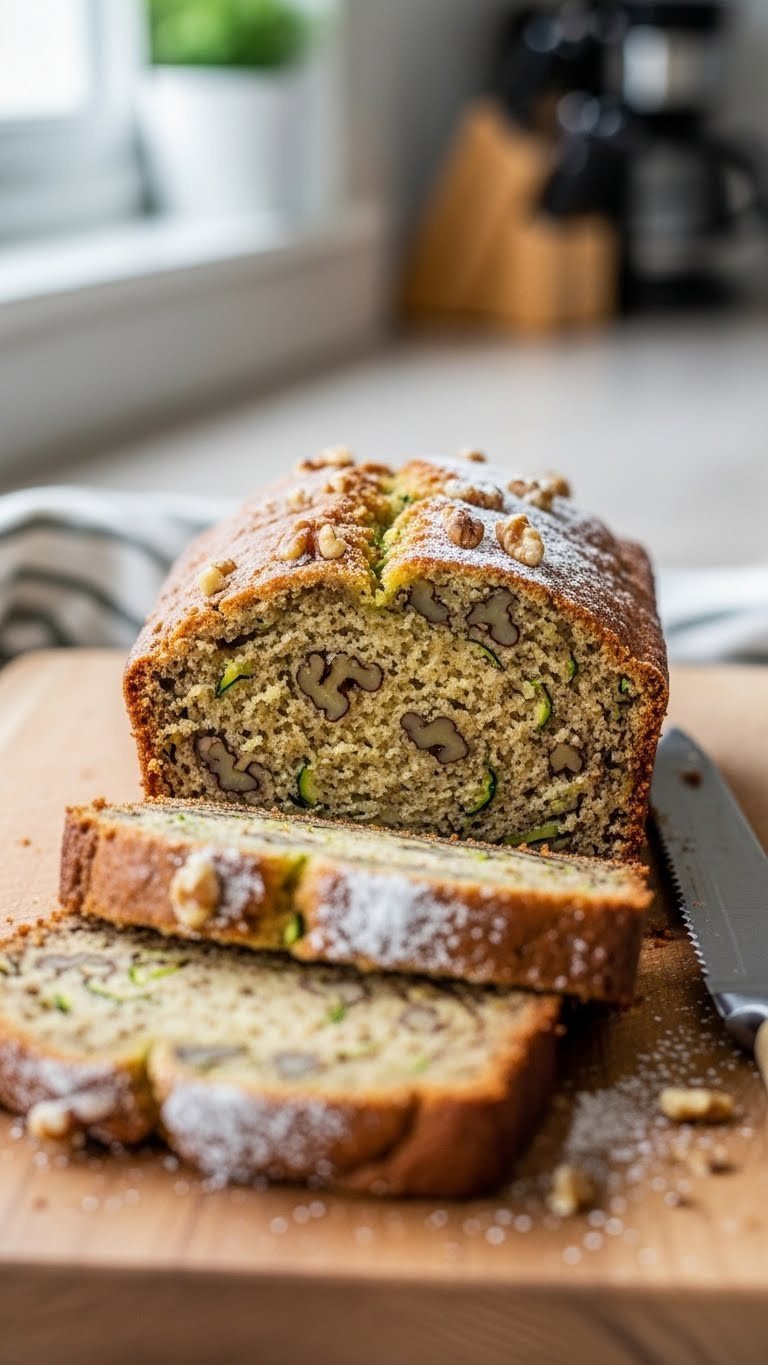 Close-up cross-section of moist zucchini bread slice showing soft crumb texture and walnuts
