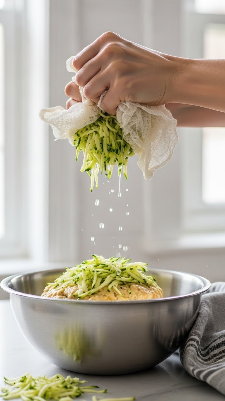 Close-up macro shot of shredded zucchini being squeezed over bowl with water droplets dripping from cheesecloth for recipe preparation