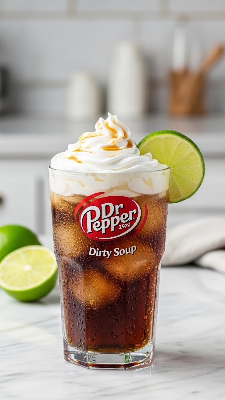 Close-up of Dr Pepper soda with creamy sweet cream swirl, coconut syrup, and lime wedge garnished on marble countertop