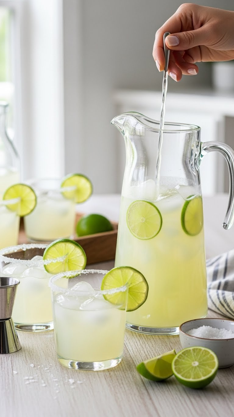Close-up of a crystal-clear glass pitcher filled with pale-green margarita mix, ice cubes, lime wheels, and salt-rimmed glasses on rustic wooden tray