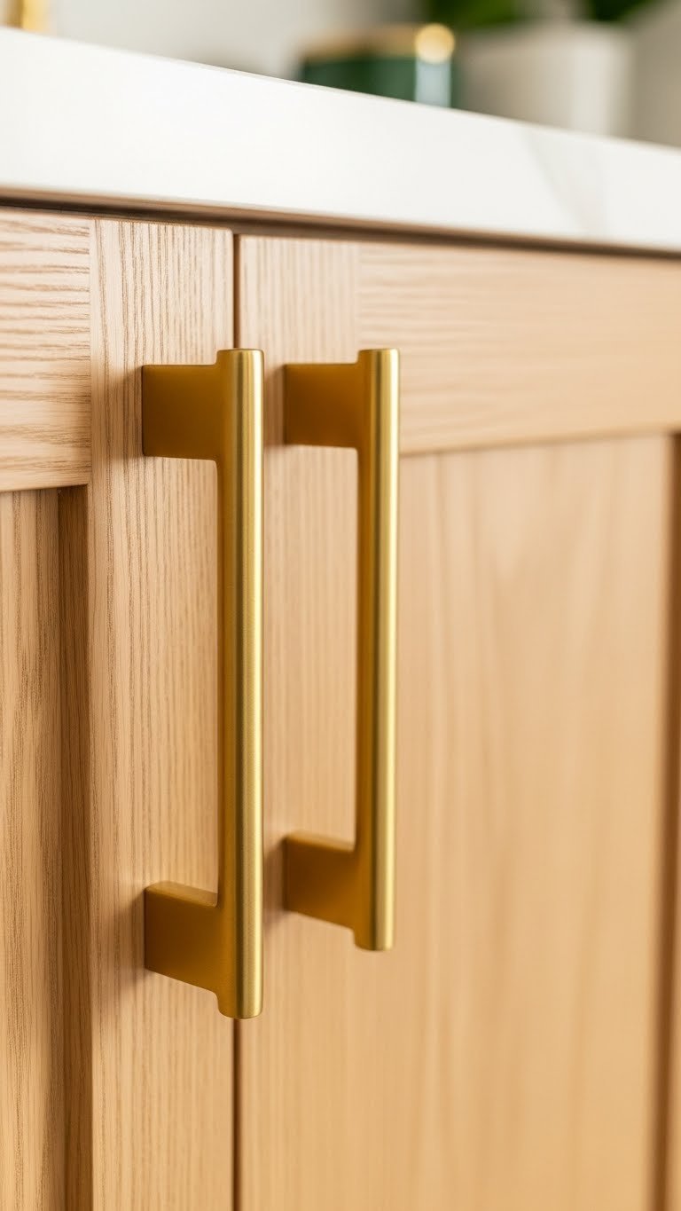 Wood Cabinets: 9 Apartment Kitchen Ideas To Maximize Space 1 Close-up of a sleek brass bar pull handle on a light oak shaker-style kitchen cabinet, highlighting modern hardware in an apartment kitchen.