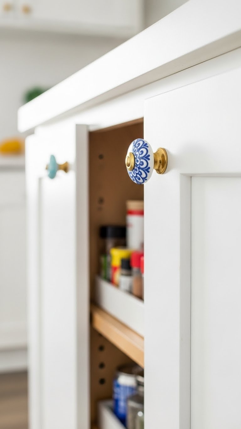 Close-up of colorful ceramic knob on white kitchen cabinet door with organized interior visible.