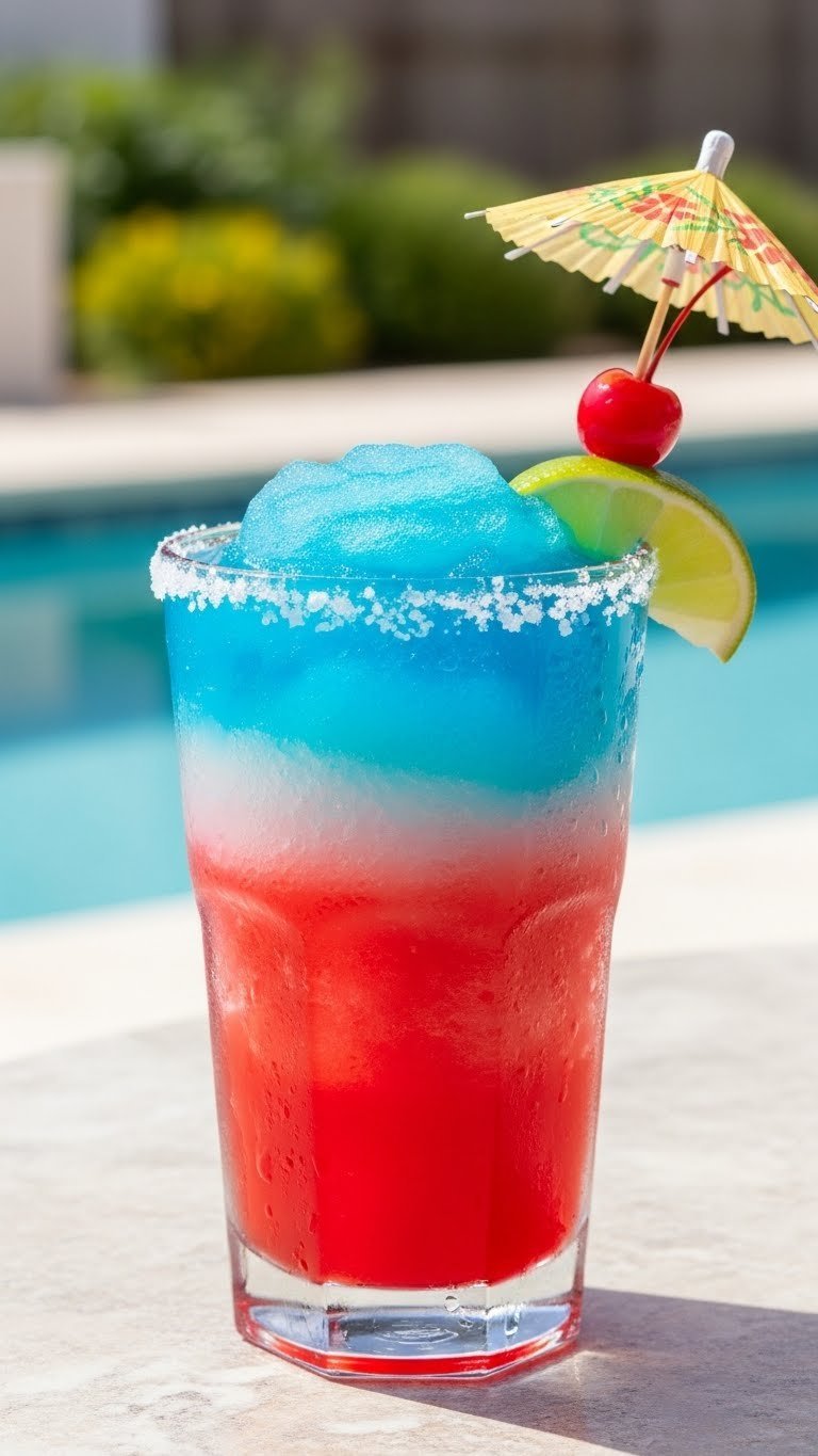 Close-up of festive frozen margarita with red, white, and blue slushy layers in salt-rimmed glass garnished with lime and cherry
