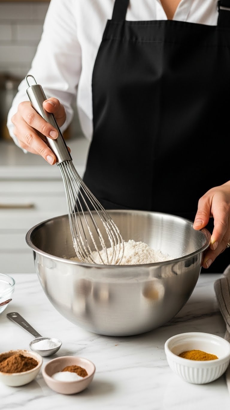 Close-up of flour, cocoa powder, and baking ingredients being whisked together in stainless steel mixing bowl