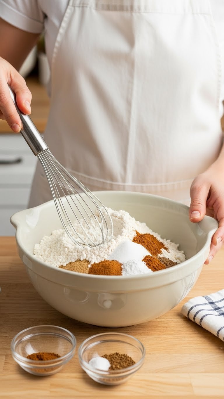 Close-up of flour, sugar, and spices being mixed in ceramic bowl with whisk showing dry ingredient textures in kitchen setting.