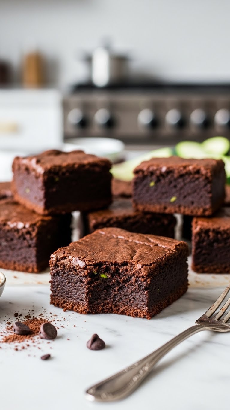 Close-up of fudgy zucchini brownies with crinkled tops and moist interior on marble countertop with dark chocolate chips.