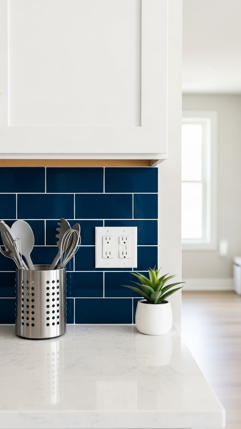 Close-up of glossy navy blue peel-and-stick subway tile backsplash against white cabinets and light grey quartz countertop in modern kitchen