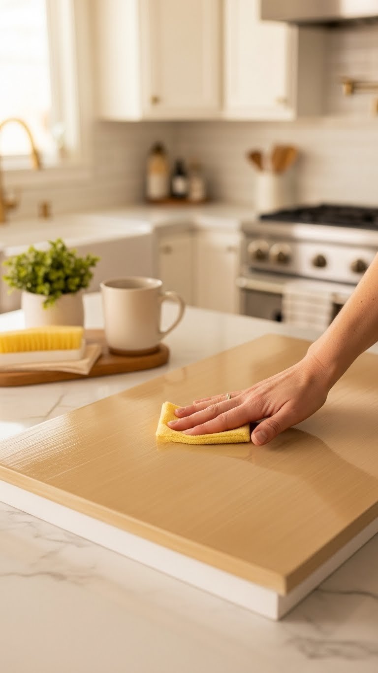 Close-up of glossy sealed painted kitchen table surface with hand checking dryness under warm light.