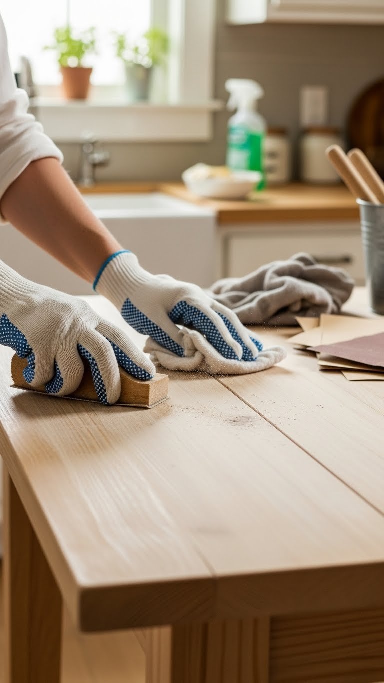 Close-up of gloved hand sanding unfinished wooden kitchen table with fine-grit sanding block creating dust particles.