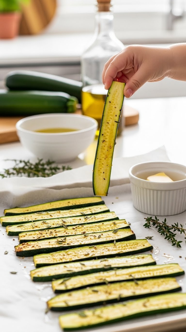 Zucchini Baking For Babies: Essential Safe &Amp; Healthy Recipes 13 Close-up of golden-brown baked zucchini strips arranged on parchment-lined baking sheet with soft lighting