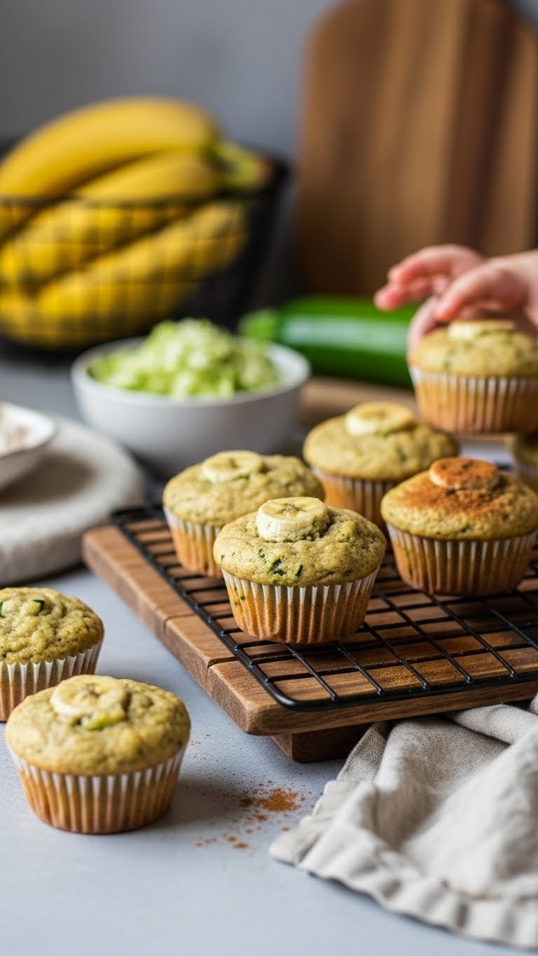 Zucchini Baking For Babies: Essential Safe &Amp; Healthy Recipes 1 Close-up of golden-brown zucchini banana muffins with green flecks on rustic wooden cooling rack in soft natural kitchen light