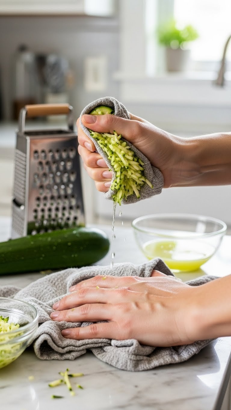 Close-up of grated zucchini being squeezed in kitchen towel to remove excess moisture with vibrant green color visible
