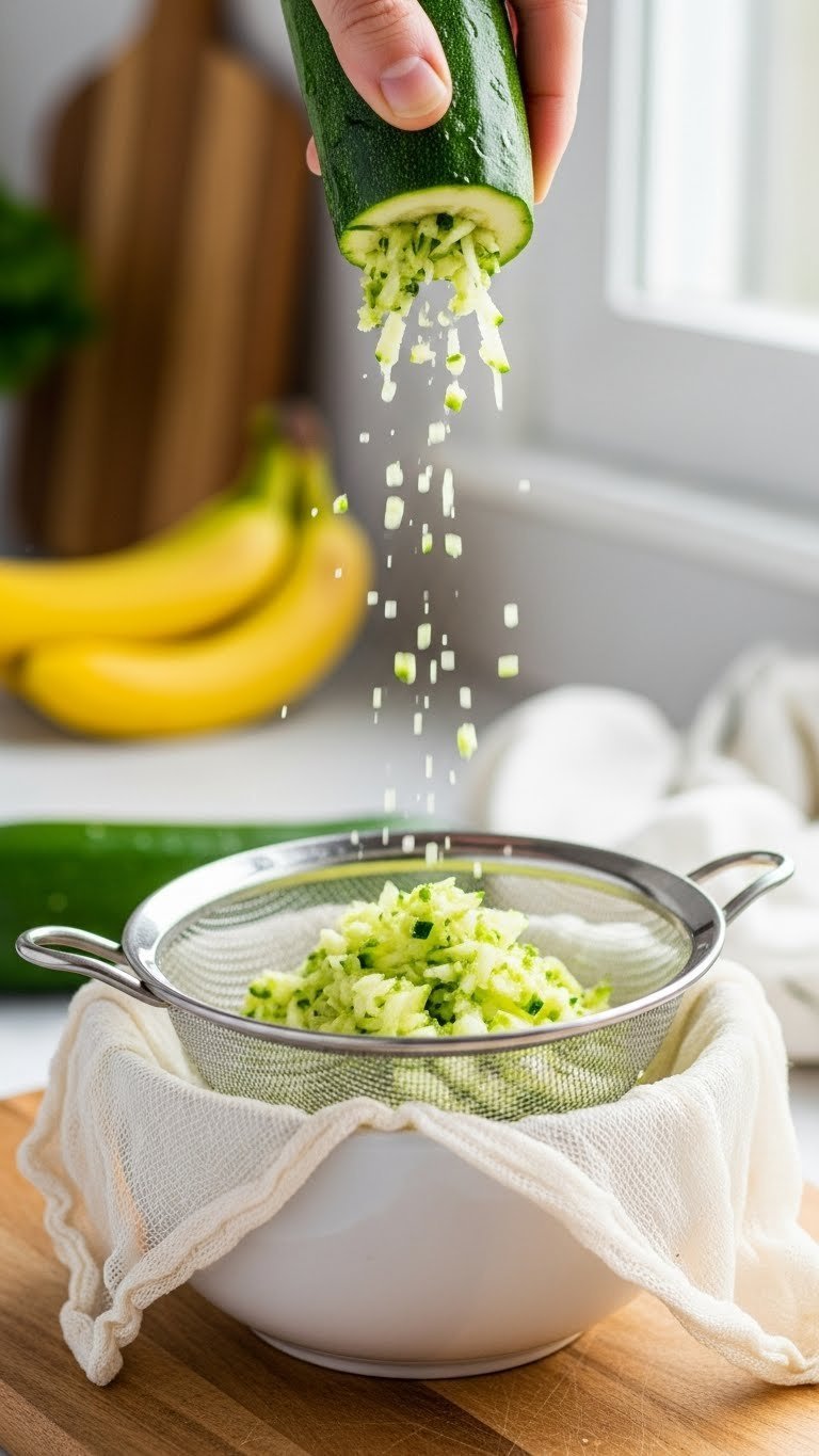 Close-up of grated zucchini in a fine-mesh sieve with droplets of moisture against a soft bokeh background