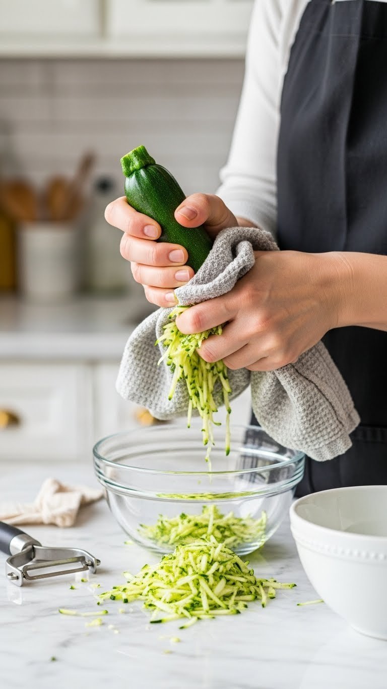 Perfect Blueberry Zucchini Bread: Easy, Moist, Crumb Topped 3 Close-up of hands squeezing freshly grated zucchini in kitchen towel on marble countertop for baking preparation.