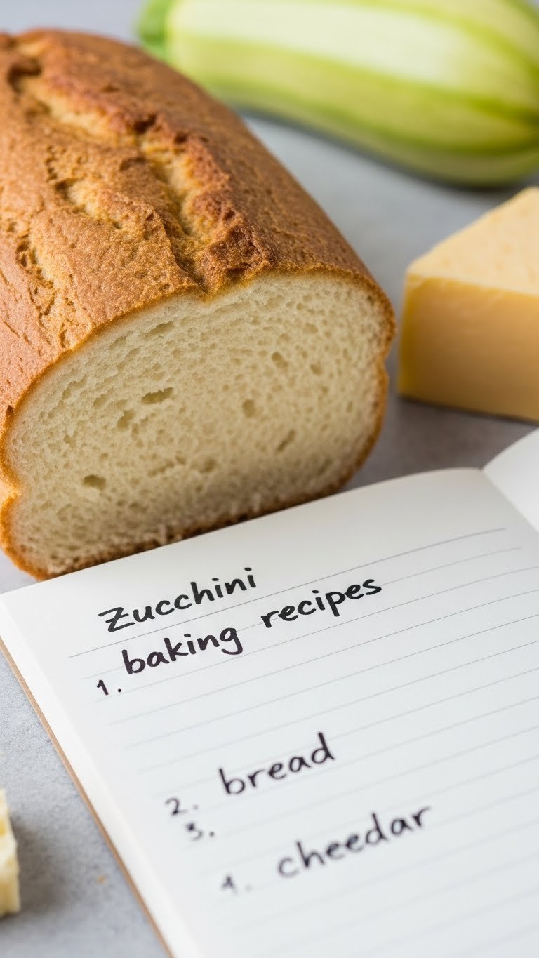 Close-up of kitchen notepad with handwritten zucchini cheddar bread recipe ingredients list on countertop for cooking inspiration