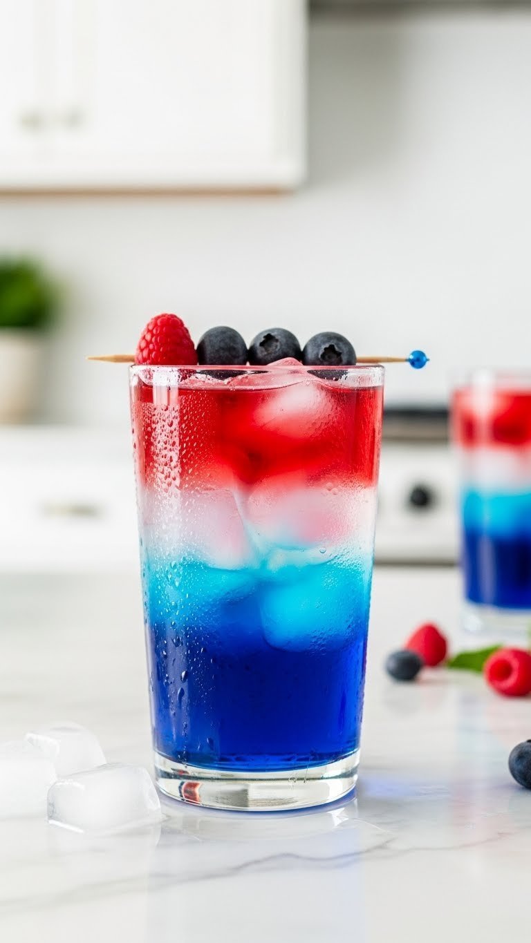 Close-up of layered red, white, and blue liquids in clear glass tumblers on white marble countertop with minimalist ice cubes and fresh berries