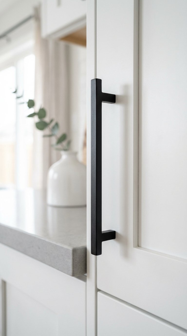 Close-up of modern matte black cabinet pull replacing outdated knob on white kitchen cabinet