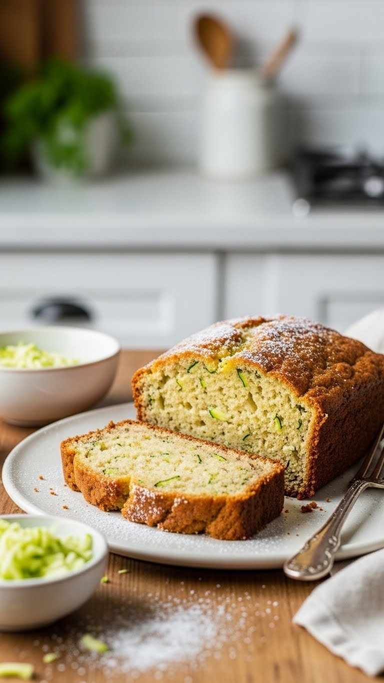 Close-up of moist gluten-free zucchini bread with golden-brown crust and green zucchini specks on rustic wooden table in soft natural lighting