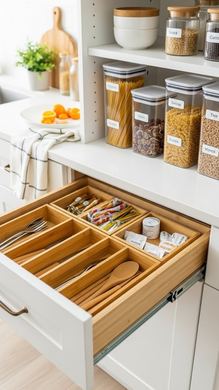 Close-up of organized kitchen drawer with bamboo dividers holding neatly arranged utensils and tools