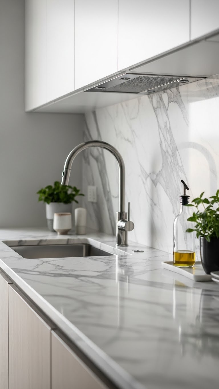 Close-up of pristine white Calacatta marble countertop with grey veining extending seamlessly into full-height book-matched backsplash