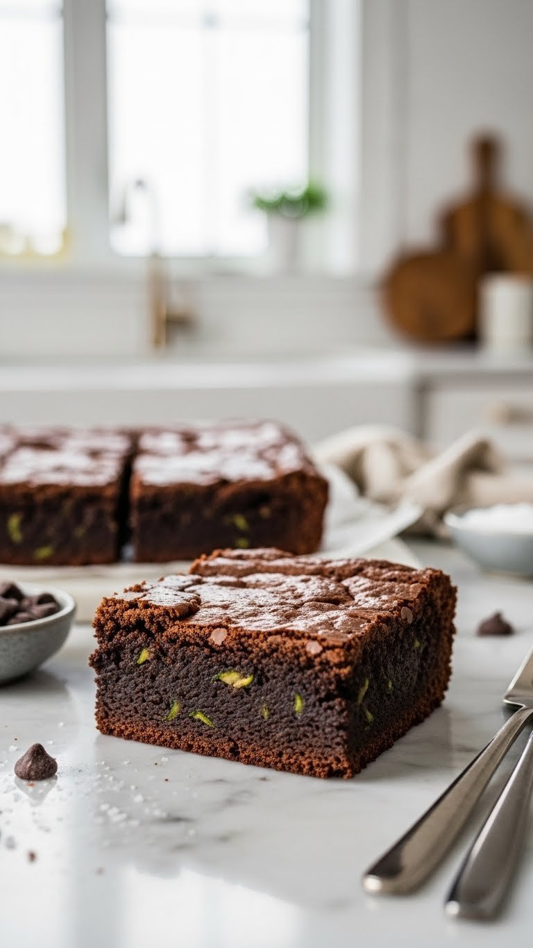 Close-up of rich chocolate zucchini brownies with crackled top and visible shredded zucchini bits on marble countertop