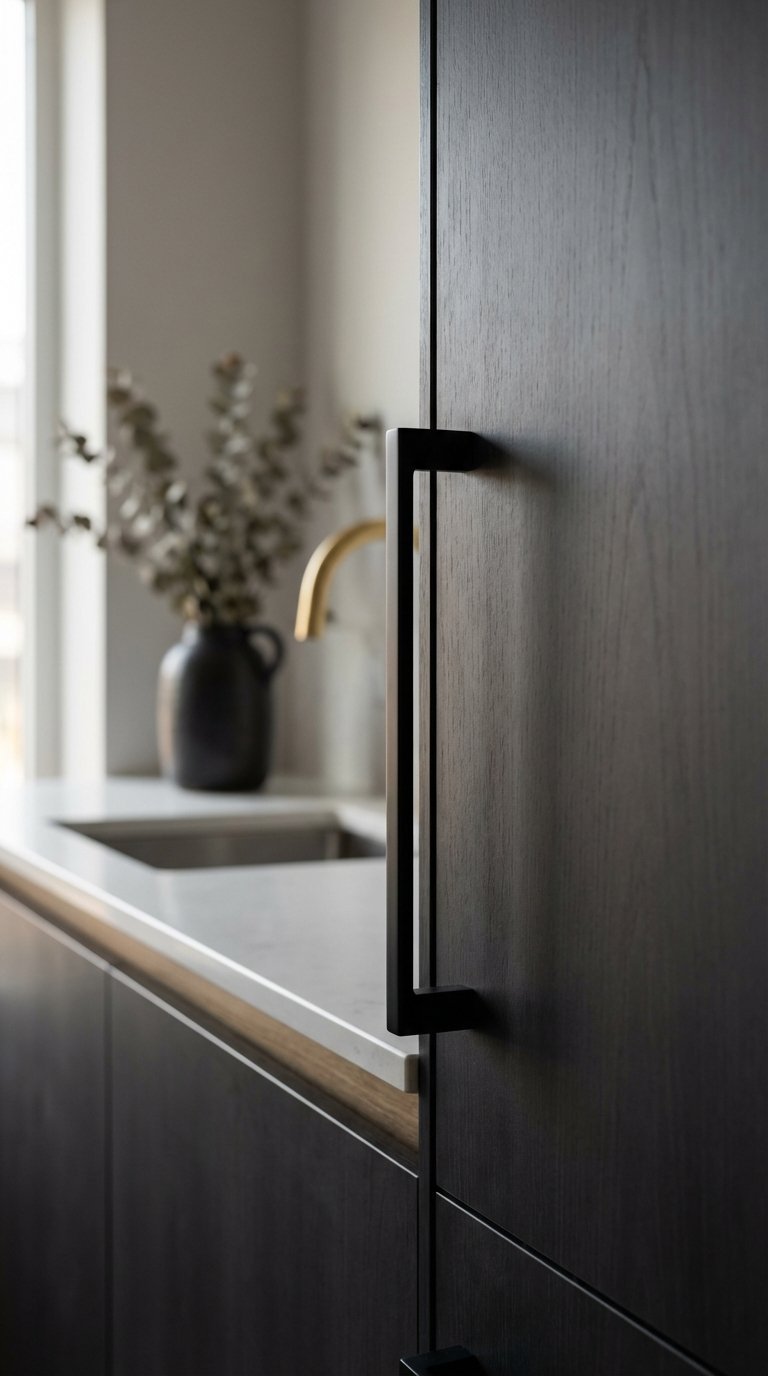Close-up of sleek matte black cabinet pulls on dark kitchen cabinets with soft natural lighting and bokeh background.