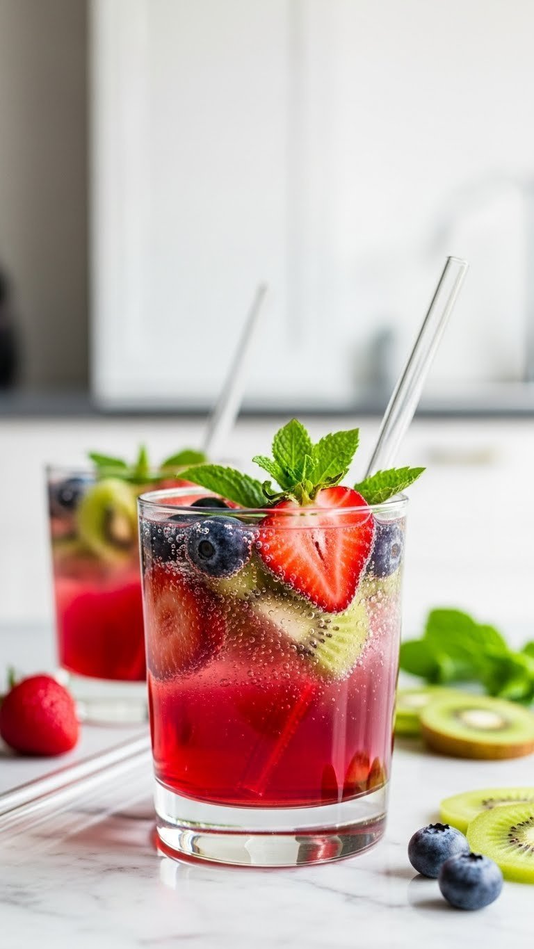 Close-up of vibrant Fizzy Fruit Sparkler with sliced strawberries, blueberries, kiwi and mint sprigs in sparkling water glass on marble countertop.