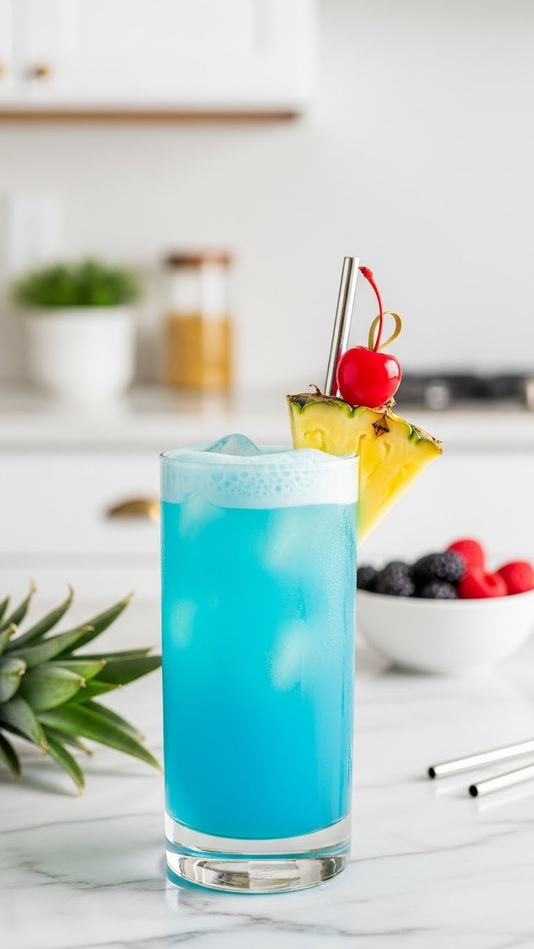 Close-up of vibrant blue energy drink in clear glass with pineapple slice, cherry garnish, and white foam on marble countertop
