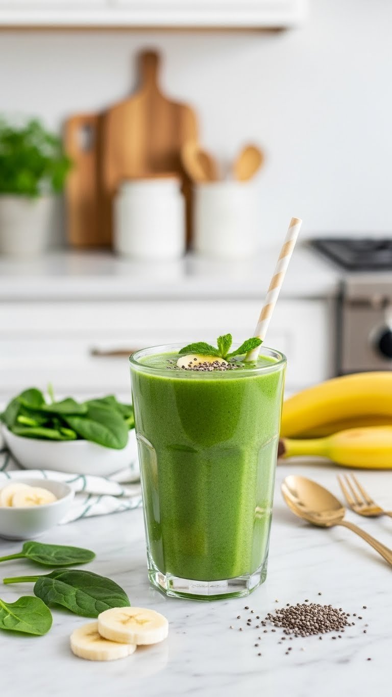 Close-up of vibrant green smoothie in tall glass with kale, spinach, banana, and chia seed garnish on marble countertop