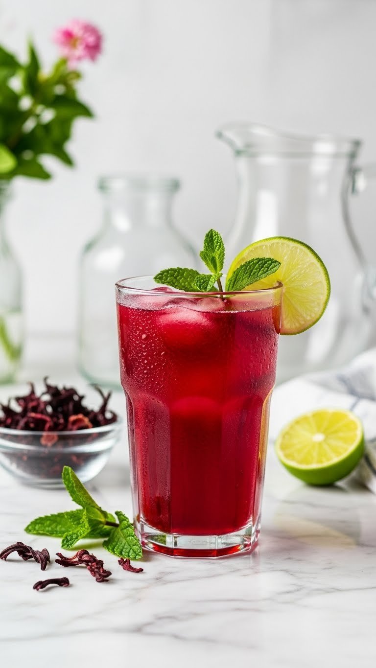 Close-up of vibrant red hibiscus tea in clear glass with lime wheel and mint garnish on marble countertop