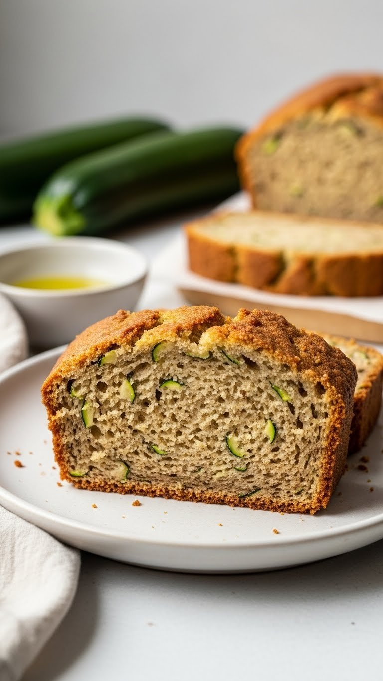 Close-up slice of sourdough zucchini bread showing crumb texture with zucchini liquid bowl on light ceramic plate.