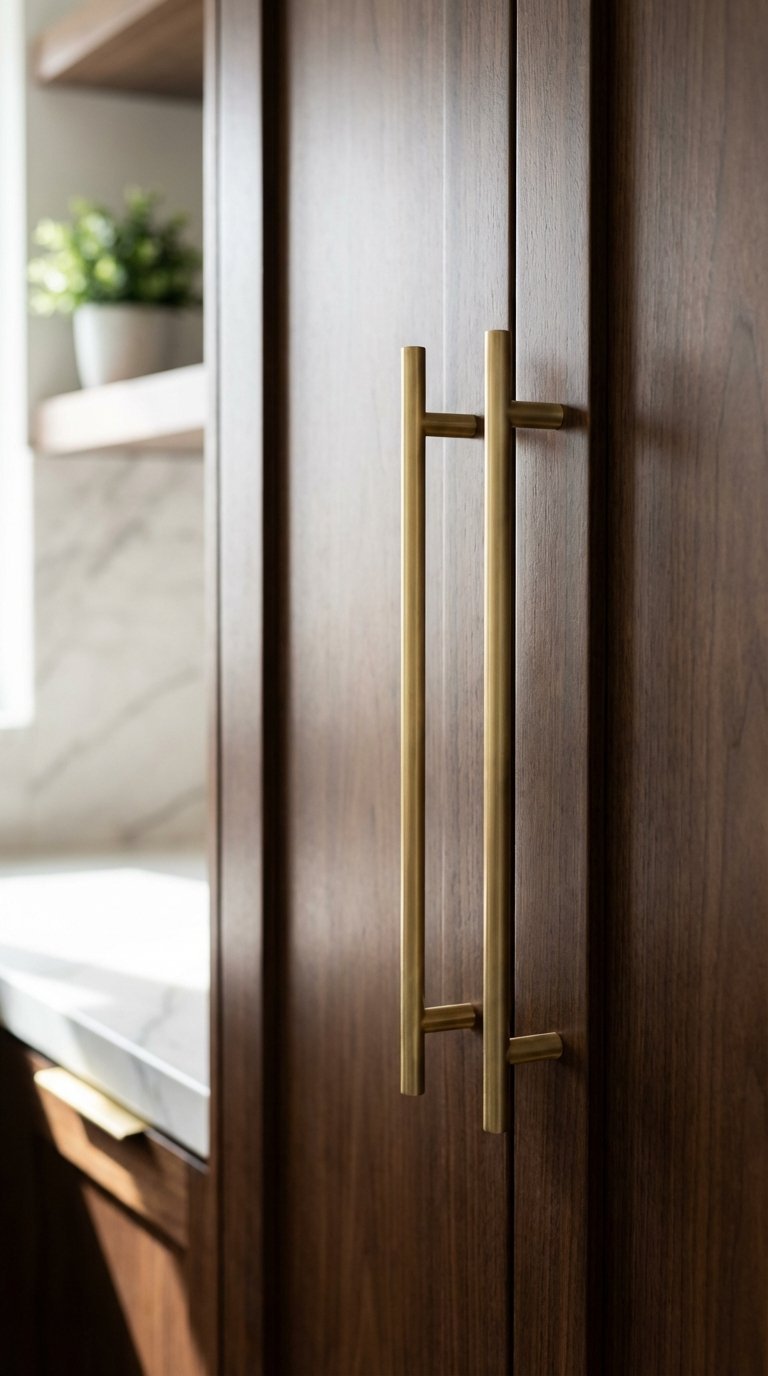 Close-up view of dark brown kitchen cabinet featuring modern brass hardware pull against soft blurred background