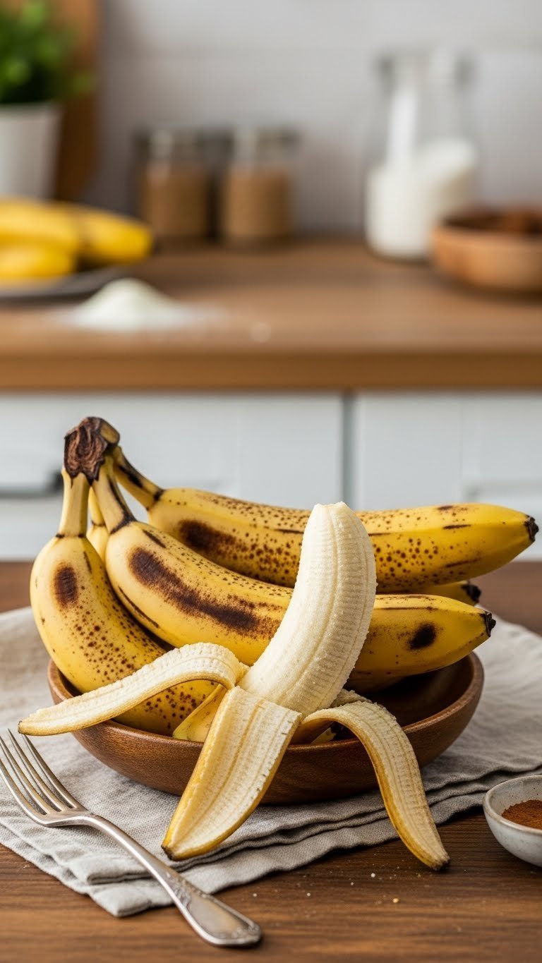 Cluster of overripe bananas with brown spotting on rustic wooden table in warm golden hour lighting