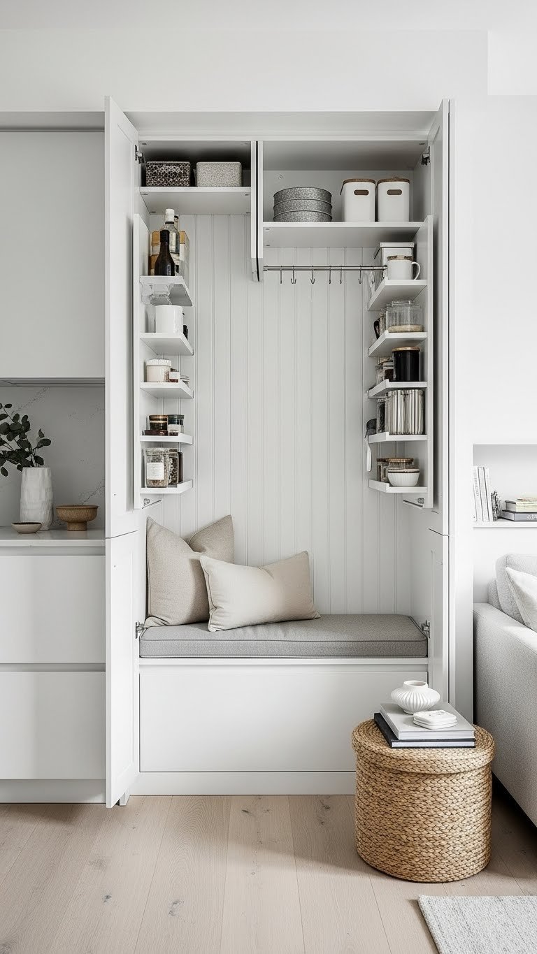 Clutter-free open kitchen living room with integrated hidden storage solutions in white and gray tones