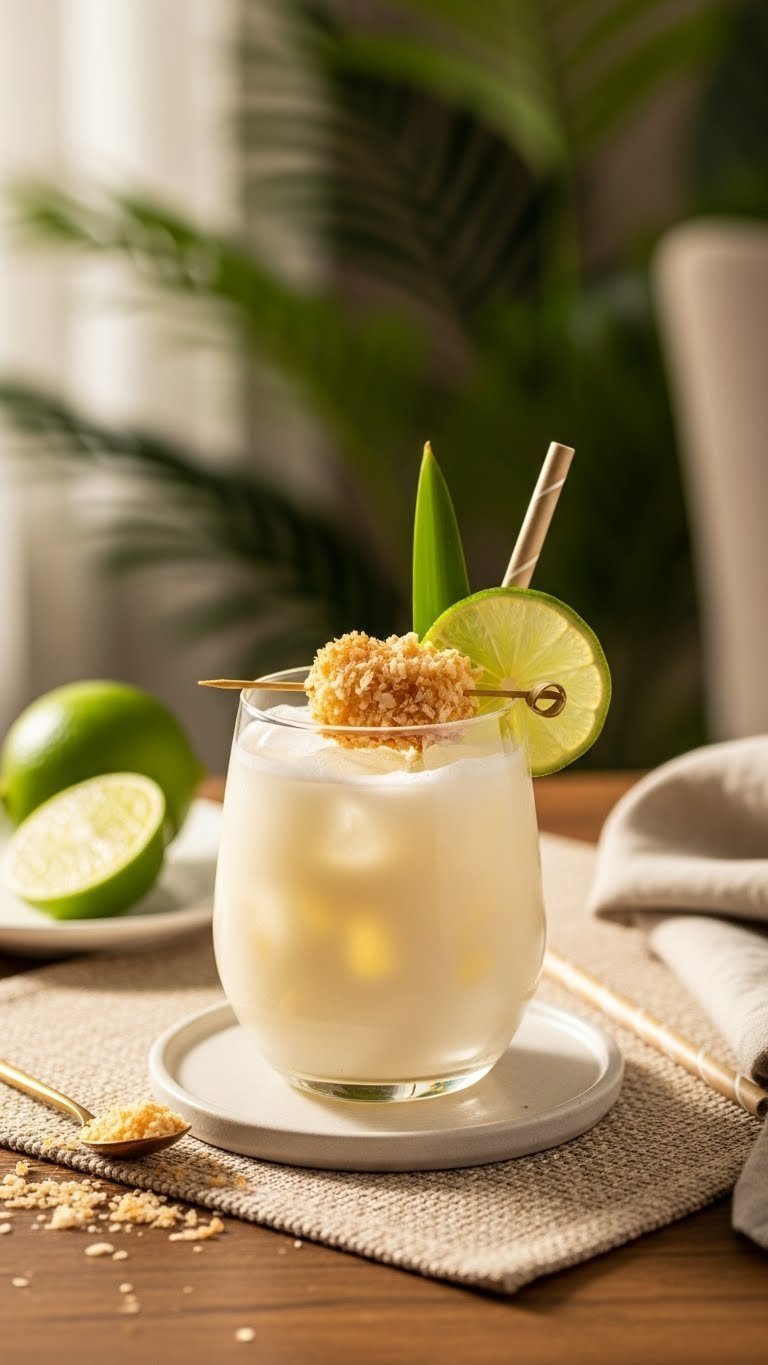 Coconut Red Bull mocktail in stemless wine glass with toasted coconut flakes and lime wheel tropical garnish