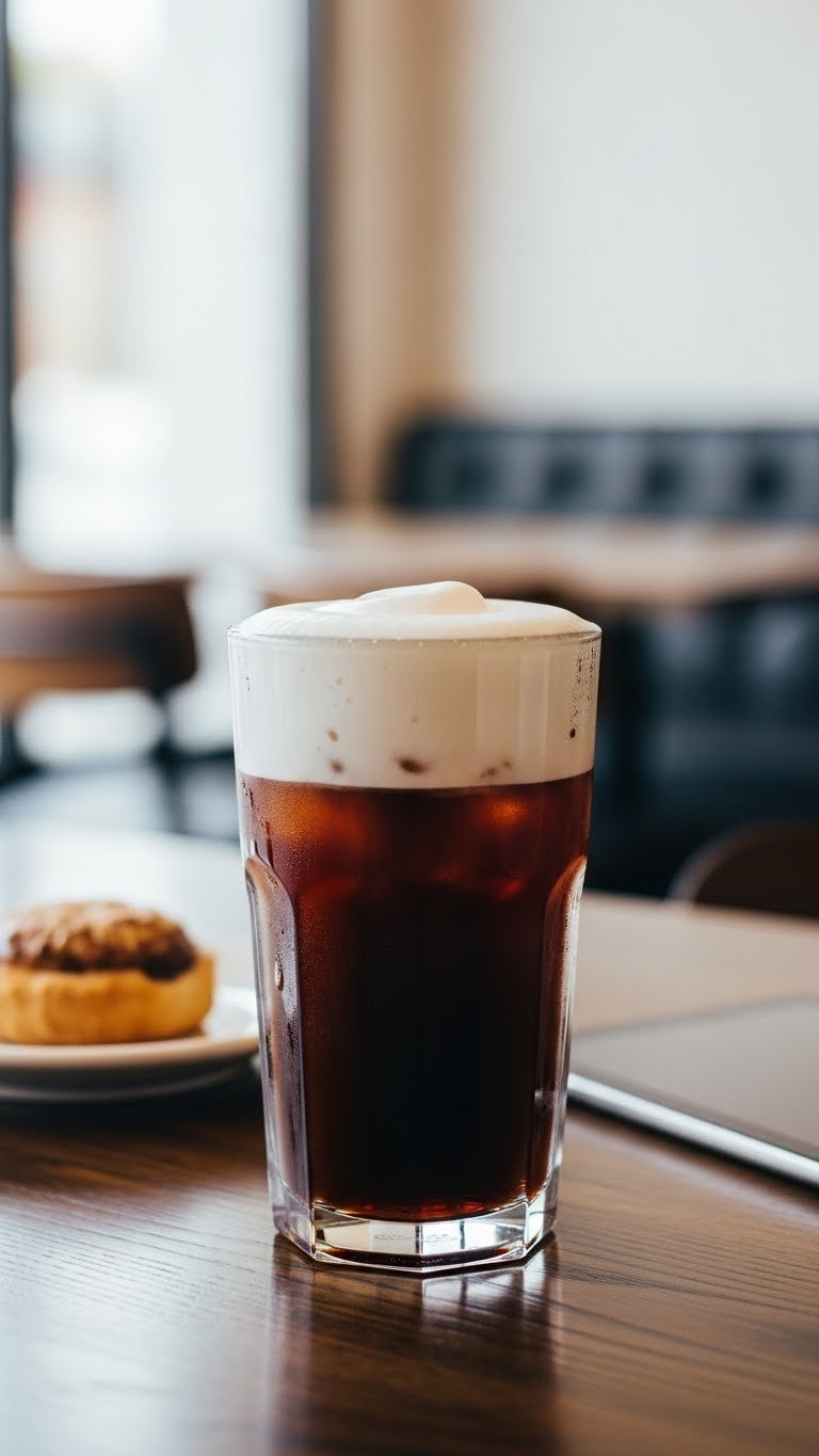 Cold Foam Cold Brew with creamy foam layer on dark wooden table in modern cafe setting