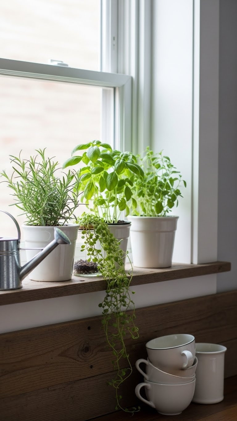 Collection of potted herbs in vintage ceramic pots arranged on weathered wood windowsill with natural light
