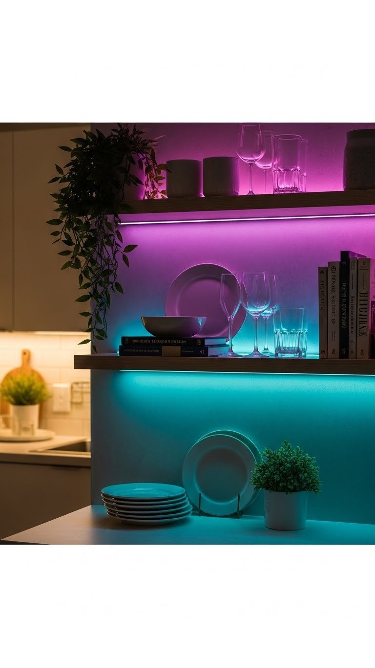Ultimate Apartment Kitchen Led Lights: 7 Diy Renter Upgrades 4 Colorful RGB LED strip backlighting behind open kitchen shelves creating ambient glow on decorative glassware