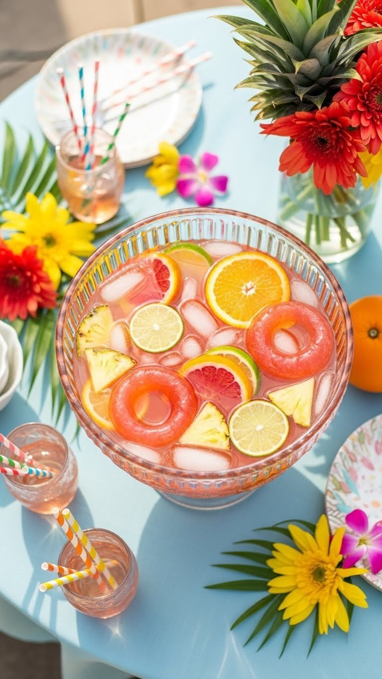 Colorful Tropical Rum Punch in glass bowl with floating fruit slices and ice chunks on blue tablecloth
